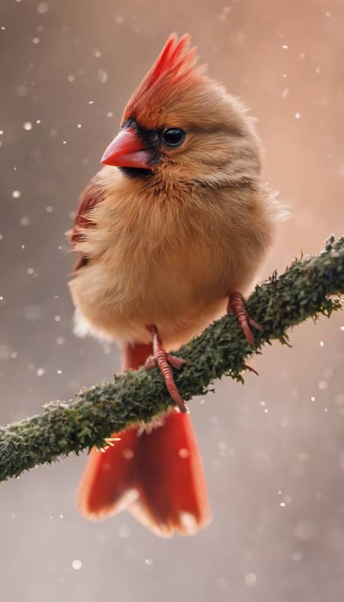 Милая красная птичка-кардинал учится летать.
