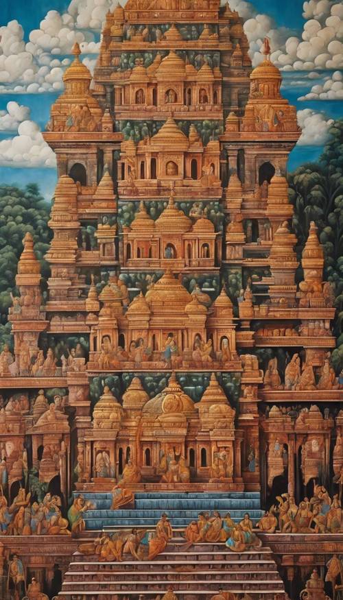 Indian mural painted with palaces and temples in the epic of Ramayana.