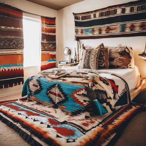 Um quarto moderno com cobertores tradicionais Navajo e decoração do sudoeste.