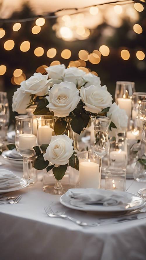 A table set for two outdoor with centerpiece made of white roses under the stars light.