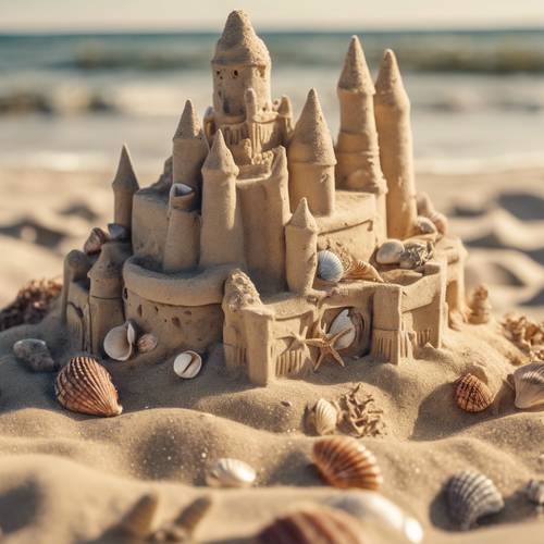 A sandy sand castle decorated with seashells and seaweed on the coastline at high noon of a summer day.