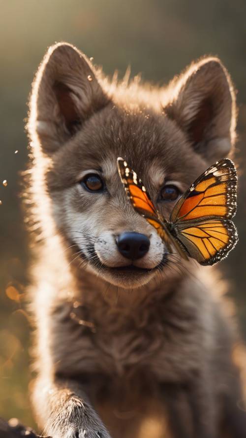 A brown baby wolf getting chummy with a beautiful butterfly landing on its nose.