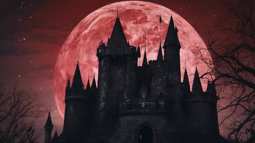 A gothic castle illuminated by a blood-red moon on a starless black night.