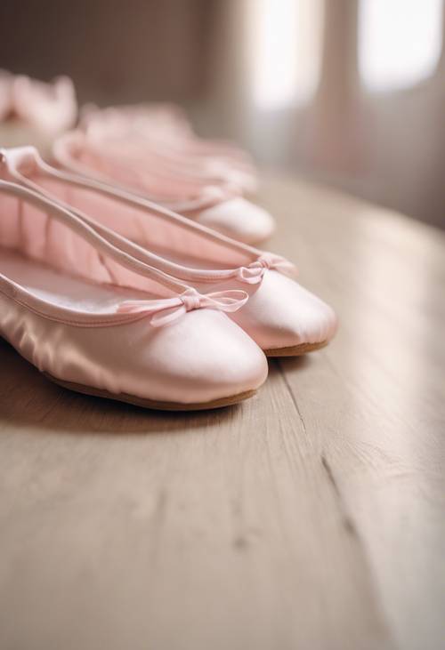 Un pacco di scarpe da ballerina rosa chiaro e bianche allineate in una scuola di danza.