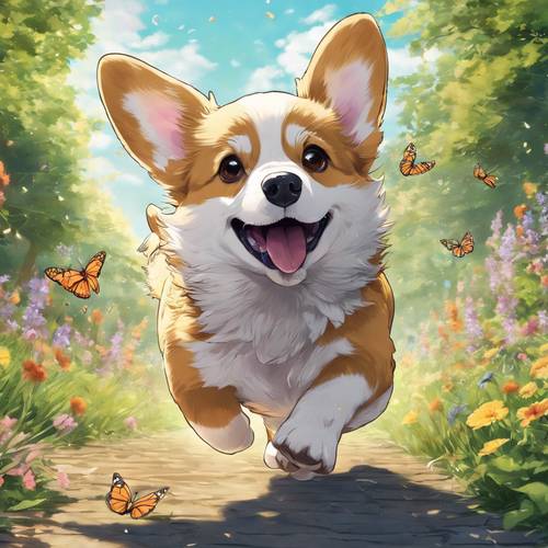Ilustração de anime de um cachorrinho Corgi perseguindo energicamente uma borboleta.