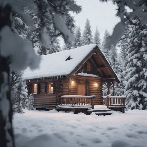 Karla kaplı çam ağaçları ve küçük, şirin bir kabinle huzurlu kış manzarası