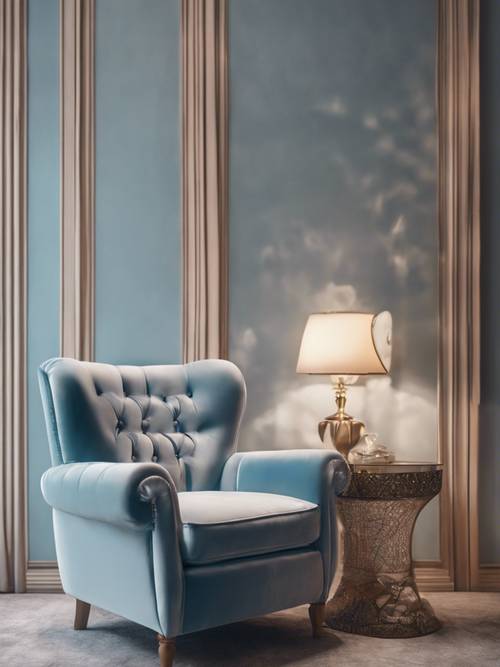 A luxurious pastel blue velvet armchair in a cozy sitting room.