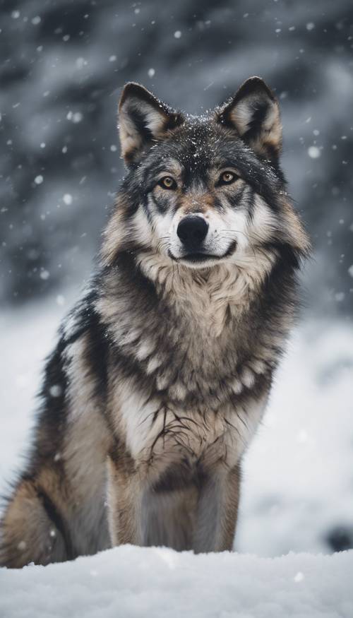 Seekor serigala abu-abu gelap berdiri dengan tenang di tumpukan lembut salju putih halus.