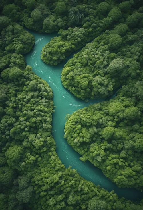 วิวมุมสูงของแม่น้ำที่คดเคี้ยวที่คดเคี้ยวผ่านป่าฝนอันเขียวขจี