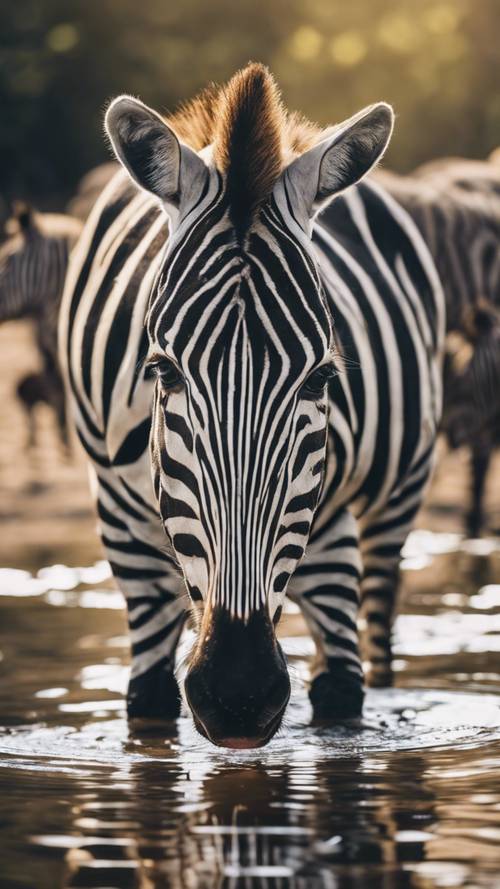 A zebra standing out amidst a group of animals in a crowded watering hole.
