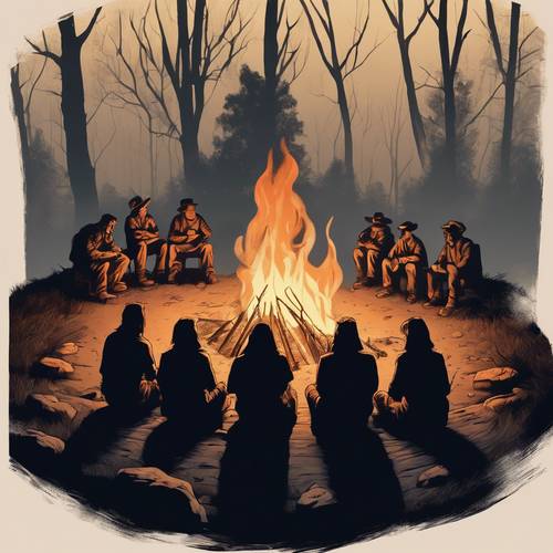 A group of shadowy figures huddled around a campfire telling spooky stories. Tapeta [7d64aff74a6542c59ffc]