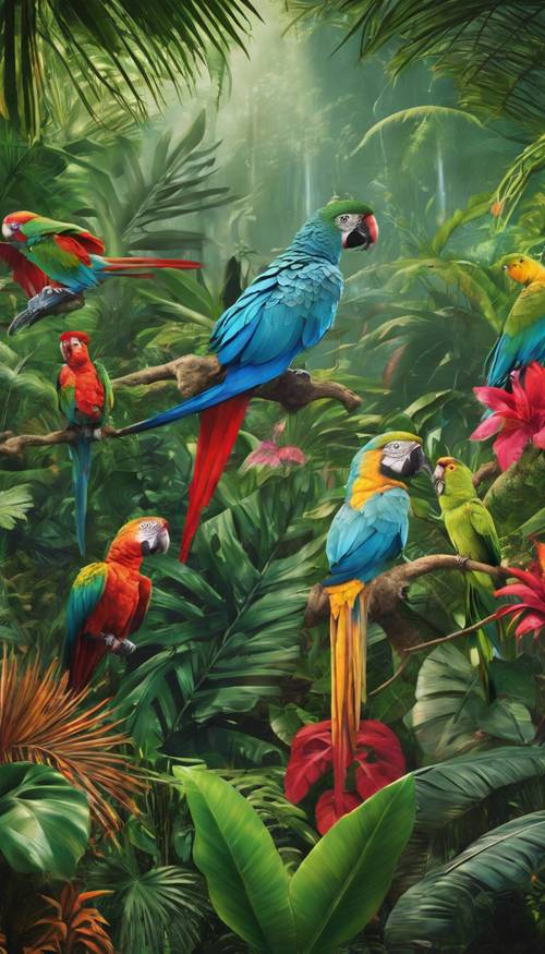 Realistyczny mural przedstawiający szereg roślin tropikalnych w towarzystwie kolorowych papug, położony w tętniącym życiem lesie deszczowym.