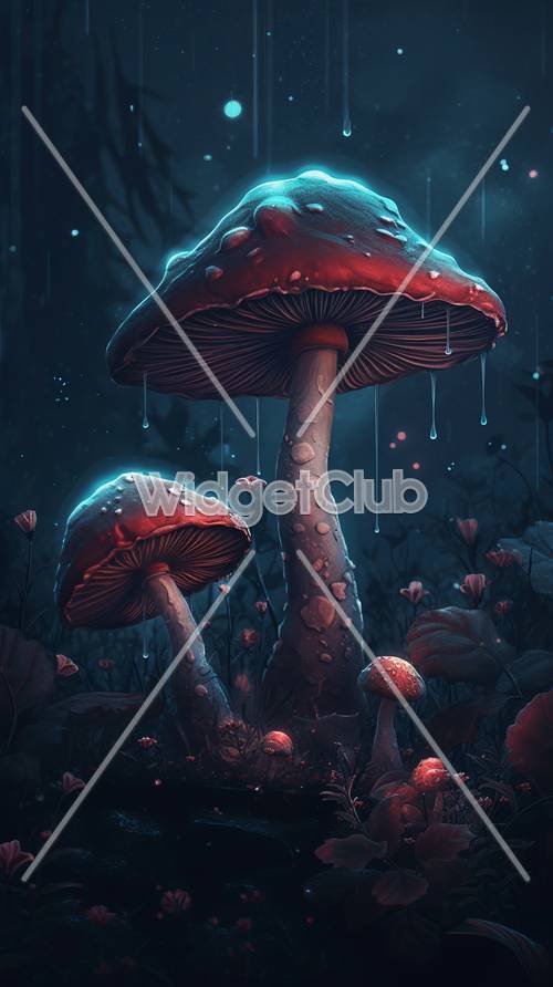 Mystical Nighttime Mushrooms in the Rain