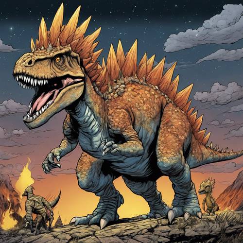 Odważny dinozaur z kreskówek w kolczastej zbroi chroniący swoje młodsze rodzeństwo przed ognistym deszczem meteorów na ciemnym niebie.