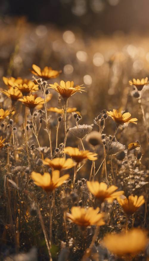 Szereg polnych kwiatów wygrzewających się w złotym jesiennym słońcu.