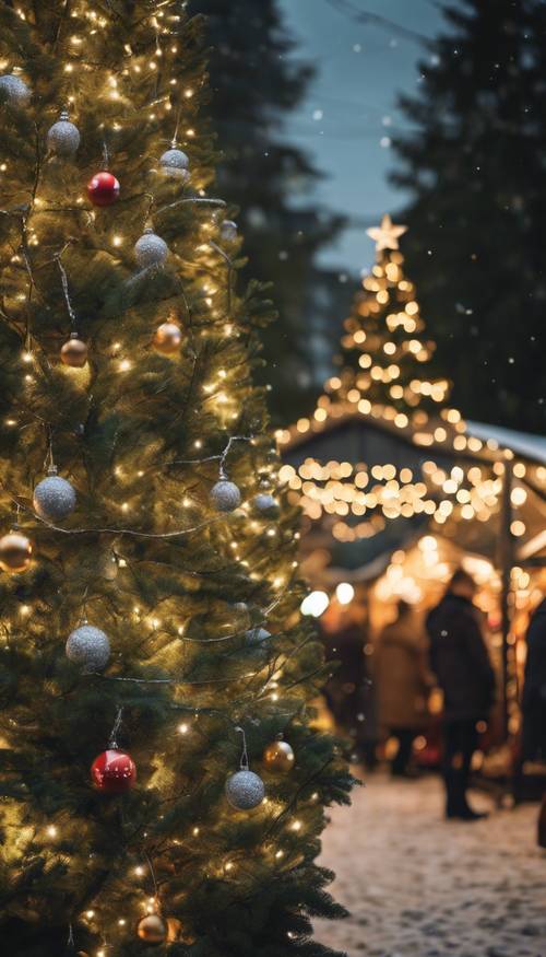 Um mercado de Natal decorado com grandes pinheiros verdes e luzes cintilantes.