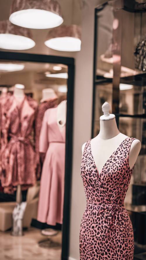 高端时装精品店内，一件粉色猎豹印花裹身裙展示在一位别致的模特身上。