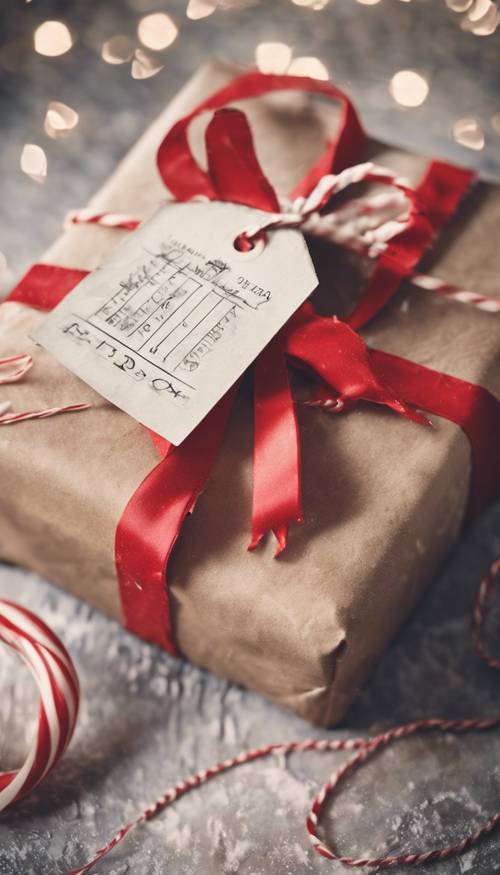 هدية عيد الميلاد مغلفة بشكل جميل من الستينيات، ومكتملة ببطاقة هدايا على الطراز العتيق.