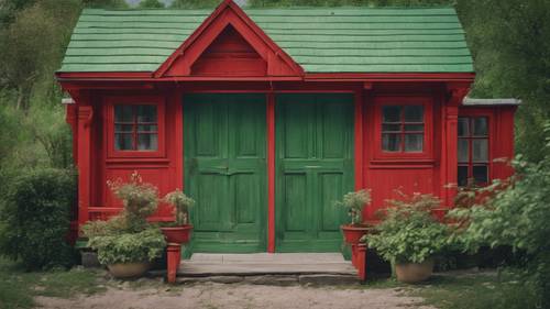 ประตูสีแดงในบ้านไม้ทาสีเขียวแบบดั้งเดิม
