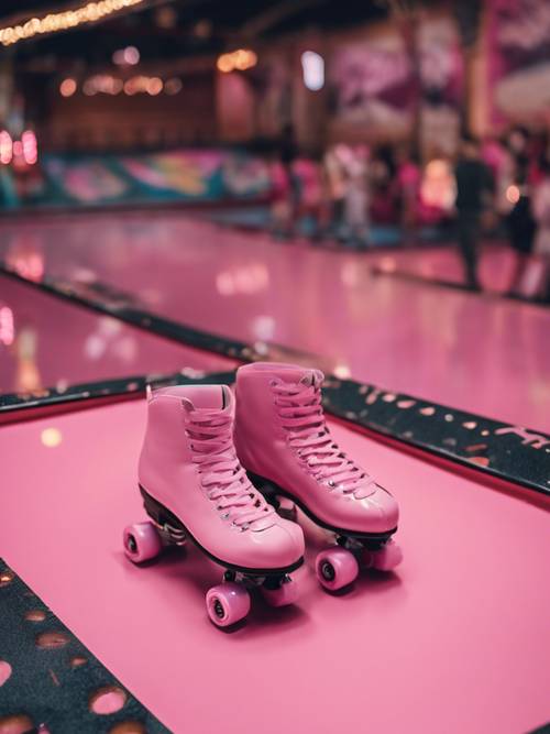 An aerial view of a Y2K-themed pink and black roller skate rink.