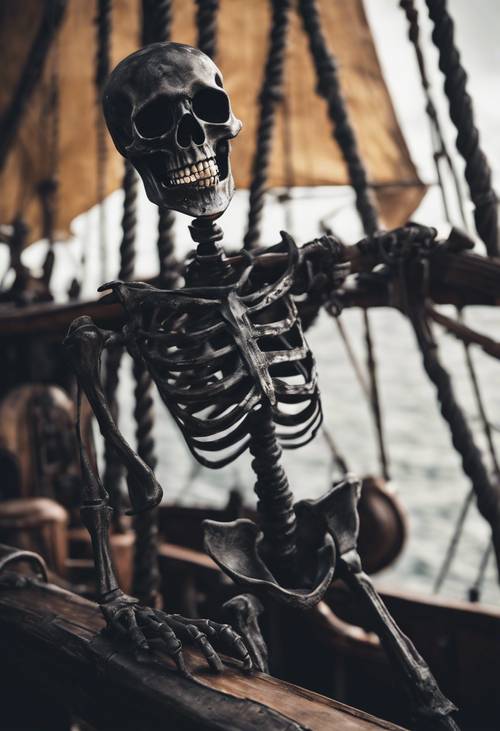 Samotny czarny szkielet stojący na czele upiornego statku pirackiego.