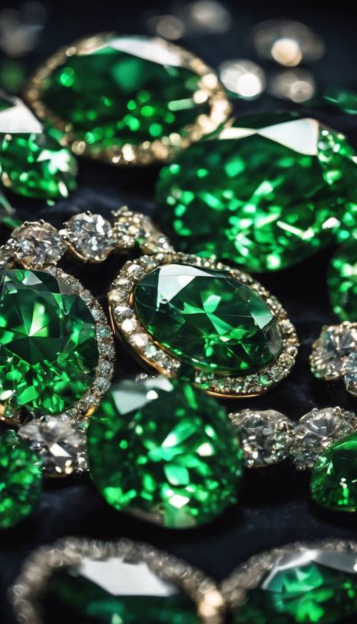 검은 벨벳 천 위에 여러 개의 녹색 다이아몬드가 흩어져 있습니다.