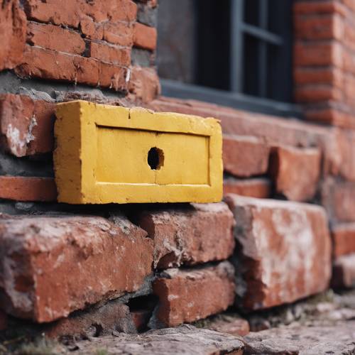 Une seule brique jaune se détachant sur un mur de briques rouges délabré et détérioré.