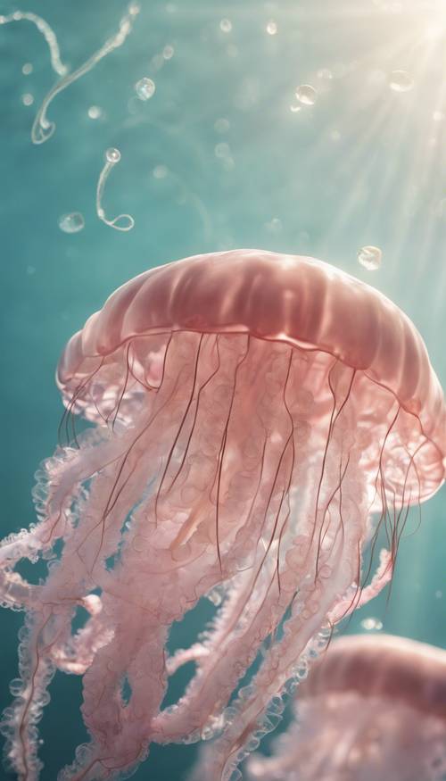 Una delicada medusa rosa con tentáculos largos y delgados que flota pacíficamente en el mar azul claro bajo el resplandor del sol del mediodía.