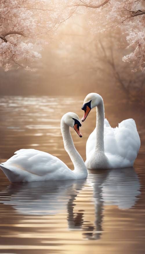 Um par de cisnes brancos nidificando em meio à água tranquila, a cena etérea indica uma primavera minimalista.