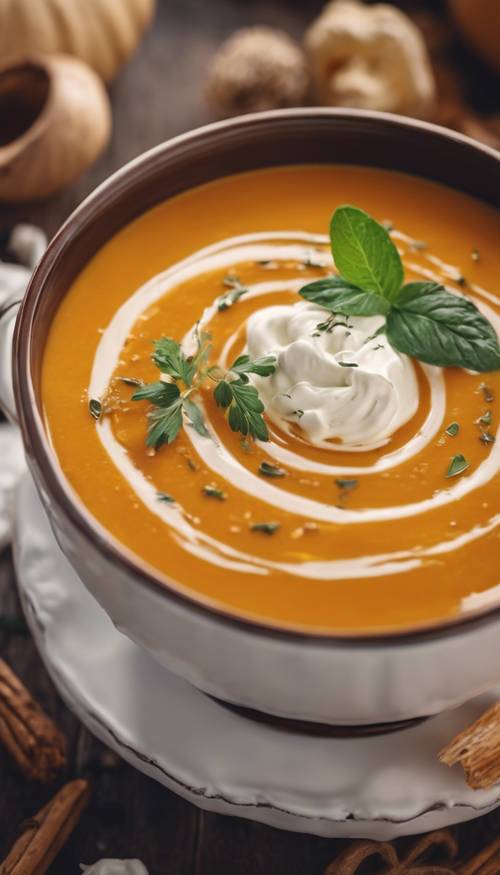 Mengukus sup labu panas dalam mangkuk keramik, hiasi dengan krim dan bumbu segar.