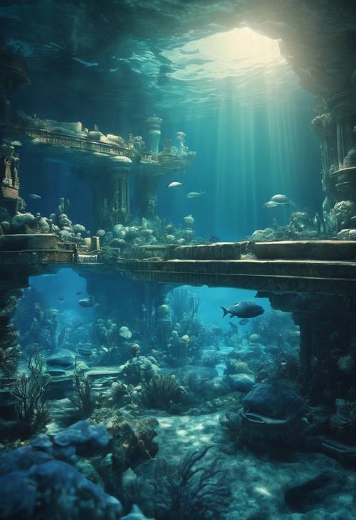 La ciudad perdida de la Atlántida, iluminada con azules místicos desde las turbias profundidades del océano
