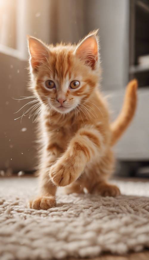 Seekor anak kucing oranye yang menggemaskan sedang bermain-main mengejar ekornya sendiri di atas permadani wol yang lembut.