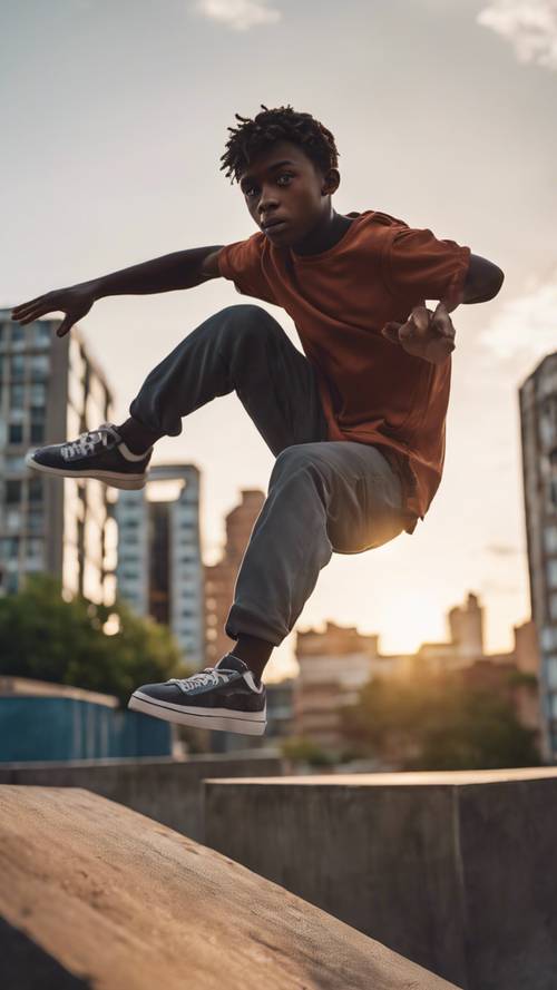 A determined teen boy, with dark skin and athletic build, practicing parkour in an urban concrete jungle during sunset.