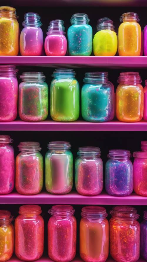Una variedad de frascos de limo en varios colores neón en un estante de una juguetería.