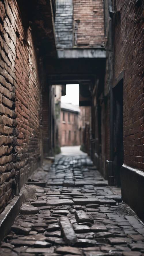 一條古老、破舊的黑色磚造建築位於一條陰森的小巷中。
