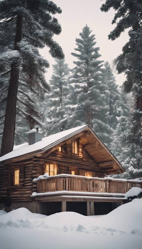 Kabin kayu yang hangat dan nyaman terletak di antara pepohonan pinus, semuanya tertutup salju tebal.