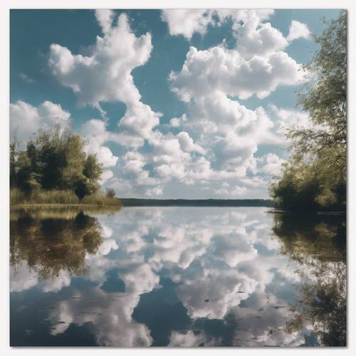 Soft, white clouds mirrored in a glassy lakeside view. Tapeta [7eaa0100b6f7460fa574]