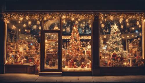 Un escaparate de una juguetería decorado con radiantes luces navideñas y adornos festivos.