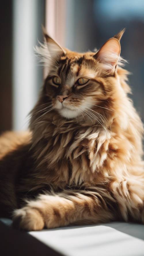 一只毛茸茸的深栗色猫咪在阳光明媚的窗台上懒洋洋地打盹。
