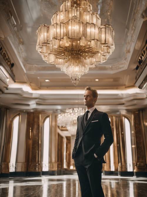 A man wearing a sleek, black tailored suit, posing under the opulent chandelier of a classic, art-deco building.