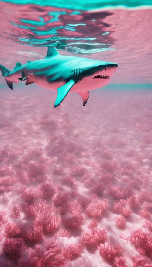 A playful pink shark swimming in the bright, turquoise sea.