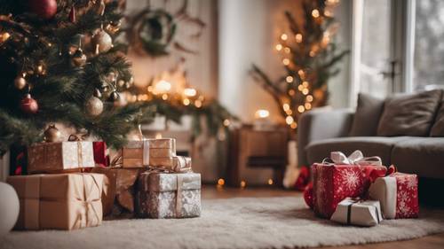 Una escena reconfortante de una acogedora mañana de Navidad con regalos bajo un árbol bellamente decorado.