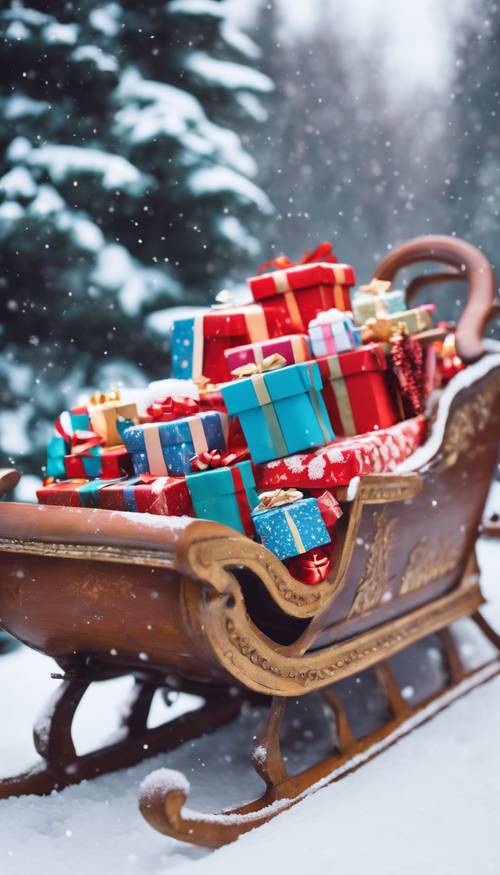 A vintage sleigh filled with bright and colorful Christmas presents in the snow.