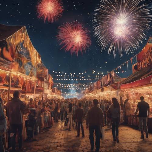 A vibrant scene of a street fair under a starry night sky with fireworks lighting up the horizon.