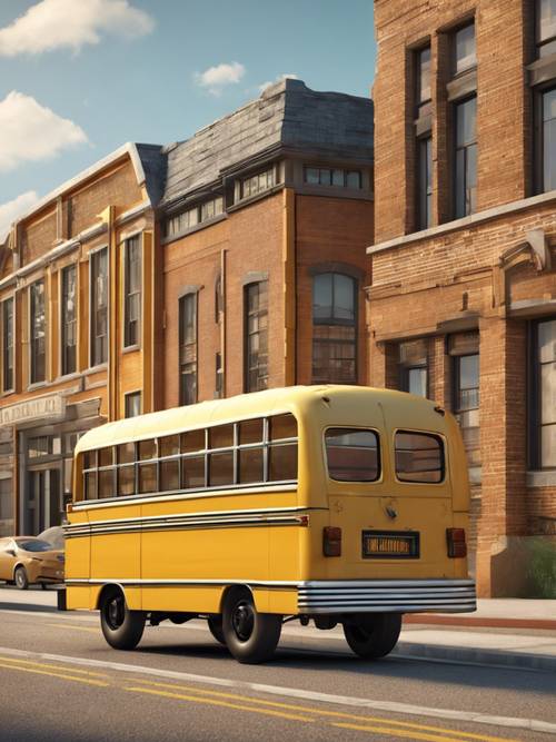 A retro yellow school bus with children waving out the windows against a backdrop of a small town.