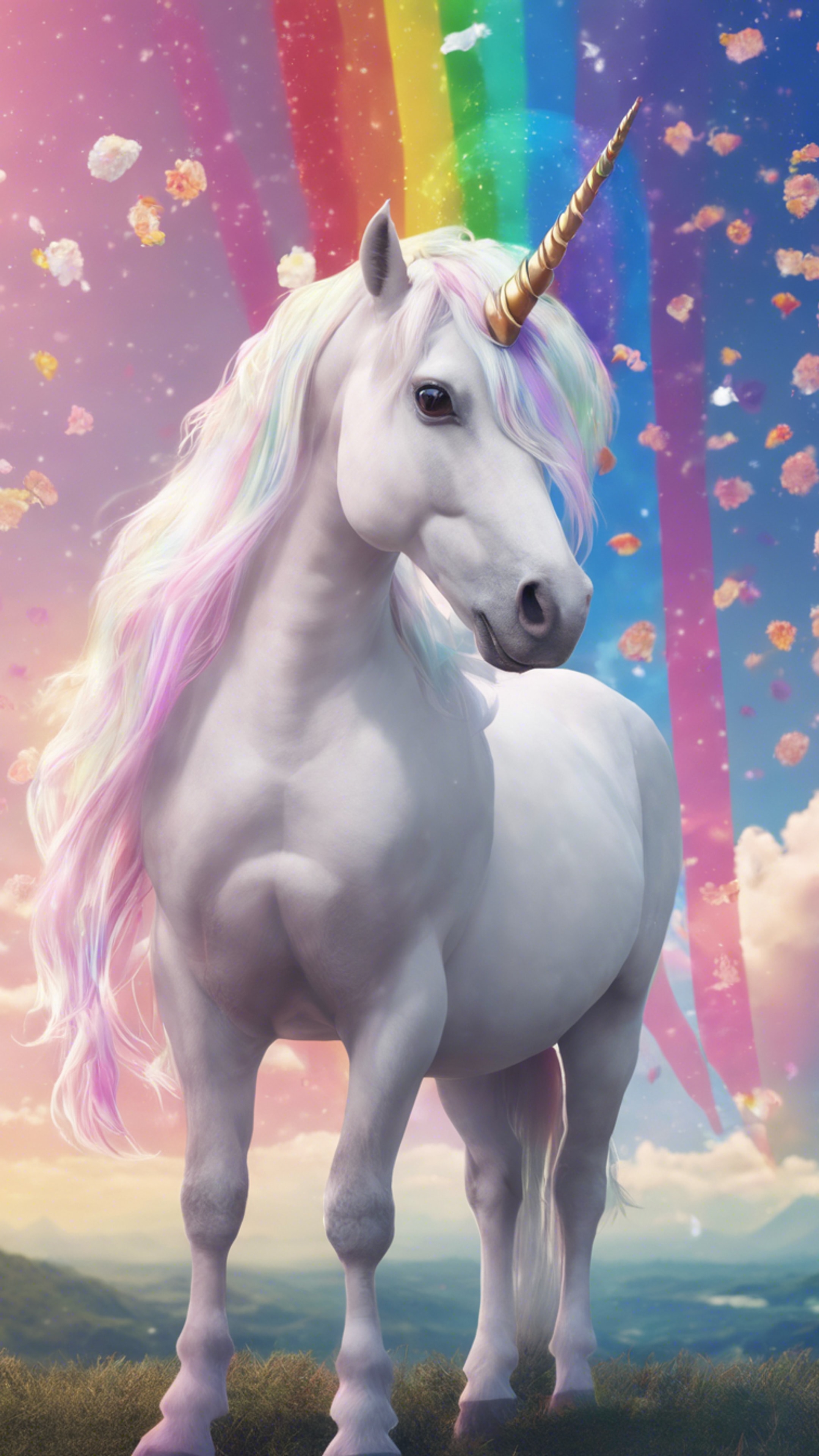 A white unicorn with rainbow-colored mane in a kawaii styled anime background. Fond d'écran[3fcd035c52a54abd9a77]