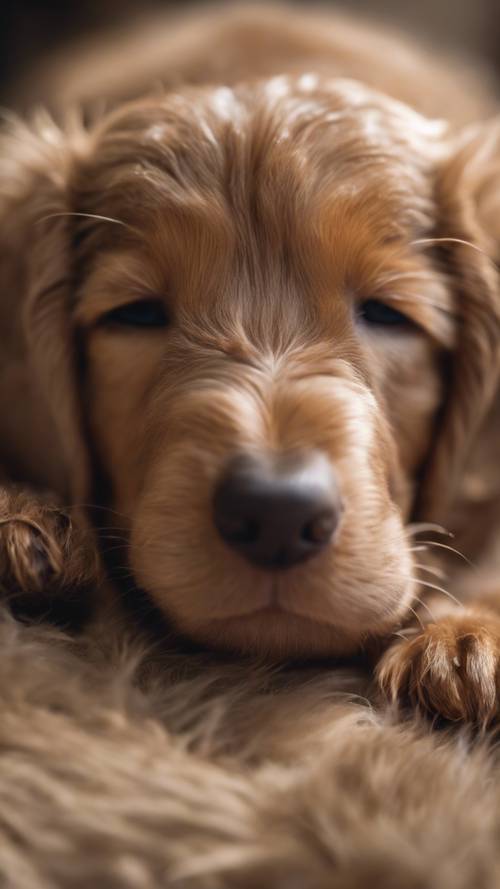 Bercak coklat berbentuk hati pada bulu anak anjing berwarna coklat yang sedang tidur.