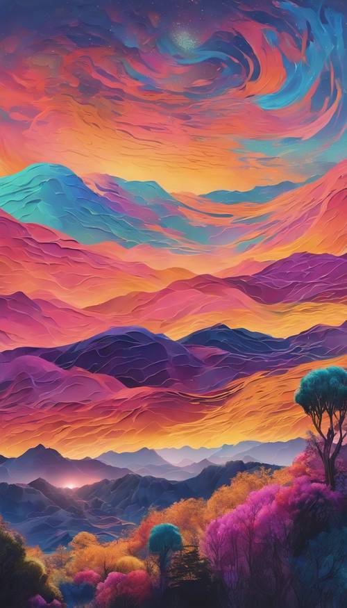 A vibrant, swirling aura of multiple colors, framing a serene landscape at dusk. Tapet [1de16ece2a35441e8d8f]