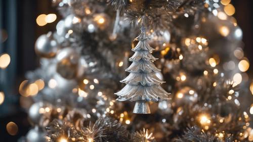 Pohon Natal metalik perak yang dihias mewah dengan lampu berkelap-kelip dan ornamen cerah.