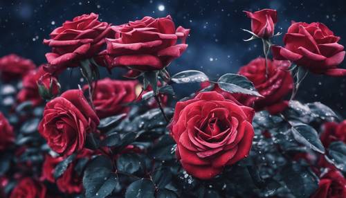Un primo piano di un cespuglio di rose rosso scuro sotto il cielo di mezzanotte, dipinto con tenui acquerelli.